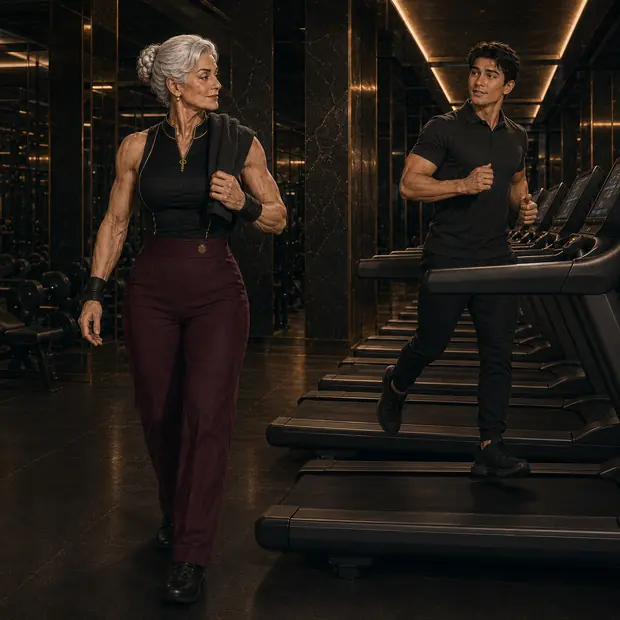 A young trainer jogs through the quiet cardio wing as Grandma walks in.