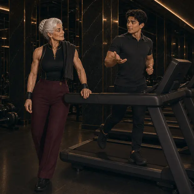 He turns toward Grandma and gestures to the treadmill.