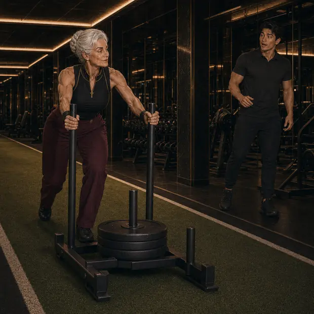 Grandma chooses the weighted sled and drives it down the turf at a controlled pace.