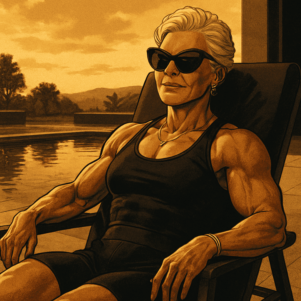Grandma sits beside the pool.