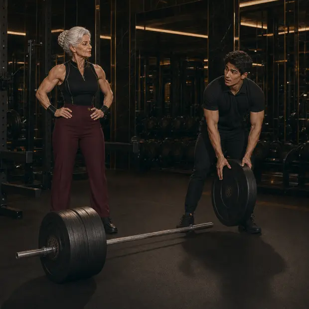 A young lifter hesitates beside the last heavy plate while Grandma watches.