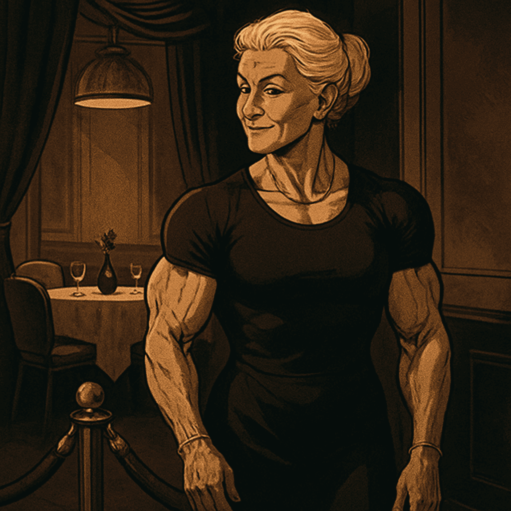 Grandma looks at the best table.