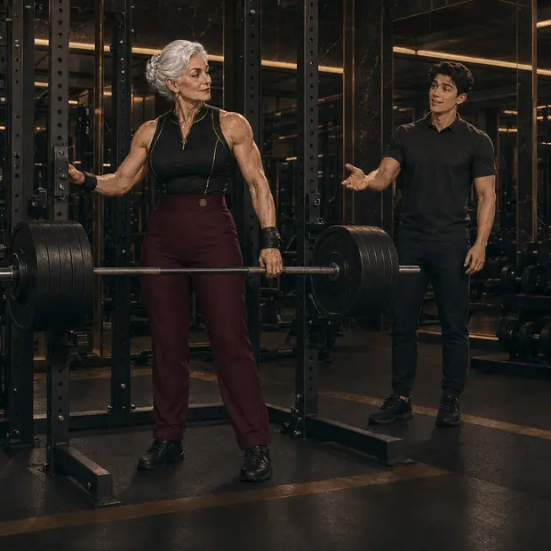 A confident young lifter approaches Grandma at the power rack.